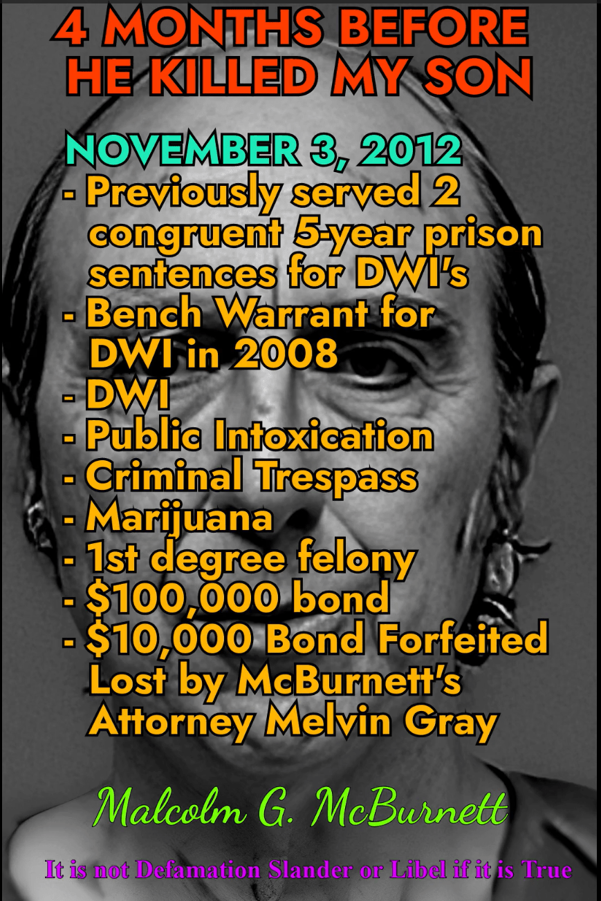 18.  Known drunkard Malcolm McBurnett was released from jail by Judge Thomas Gossett on his 10th DWI. 13 days later McBurnett got his 11th DWI and killed my son Ssgt Donald J. Di Pietro USMC. Please help me get Justice by sharing this video and signing the&nbsp;Petition
