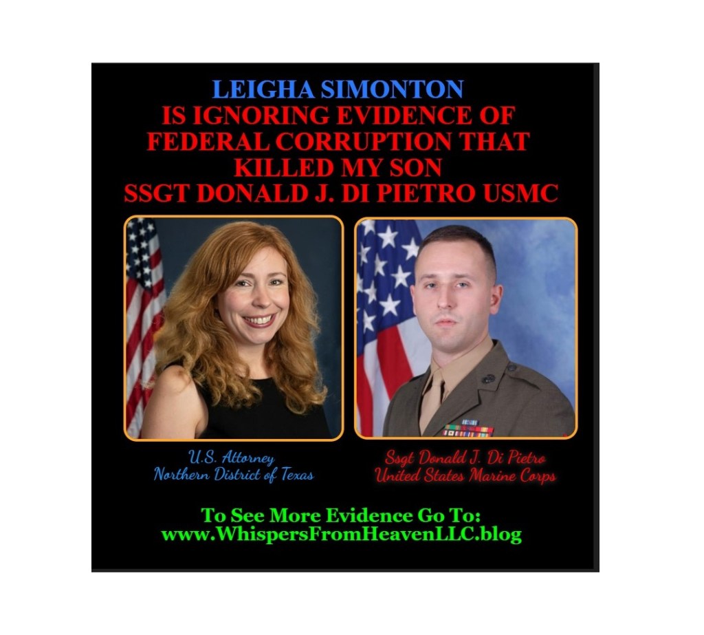 21. Democratic U.S. Attorney Northern District of Texas Leigha Simonton is ignoring the corruption of Judge Thomas Gossett who is responsible for the death of my son Ssgt Donald J. Di Pietro USMC. Please help me get Justice by sharing this video and signing the&nbsp;Petition