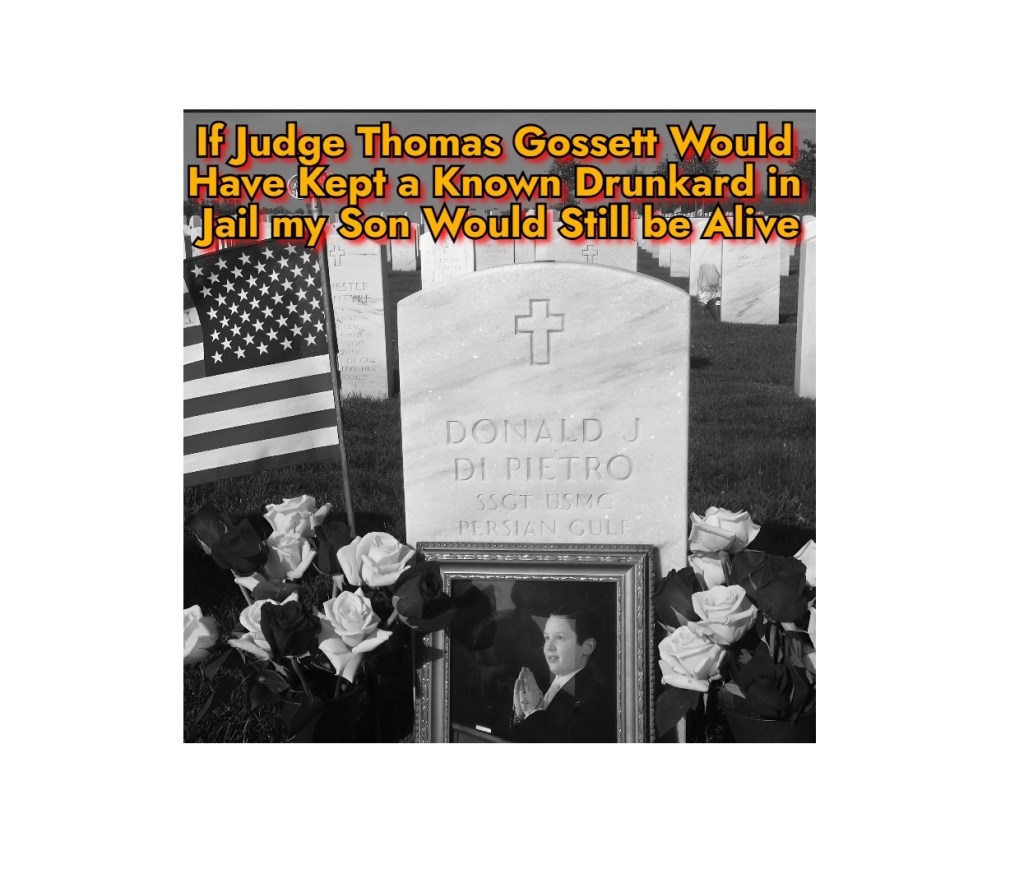 24. If Judge Thomas Gossett of San Angelo Texas would have kept a known drunkard in jail, Malcolm McBurnett, my son Ssgt Donald J. Di Pietro USMC, would still be alive. Please help me get Justice by sharing this video and signing the&nbsp;Petition
