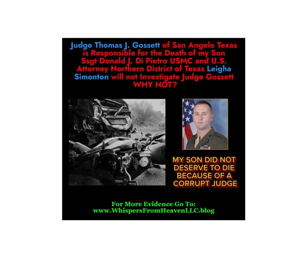 25. Judge Thomas J. Gossett of San Angelo Texas is responsible for the death of my honorable son Ssgt Donald J. Di Pietro USMC. Please help me get Justice by sharing this video and signing the&nbsp;Petition: