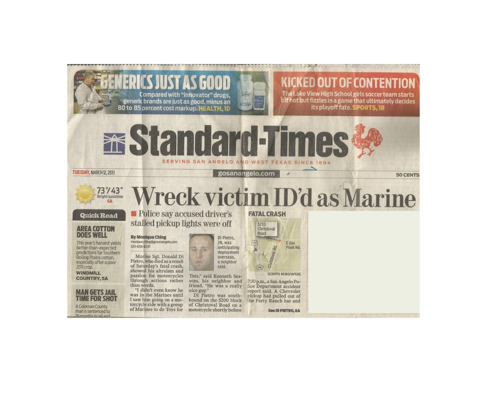 38. FROM 3/17/17 NEWSPAPER STORY ON THE DEATH OF MY SON SSGT DONALD J. DI PIETRO&nbsp;USMC